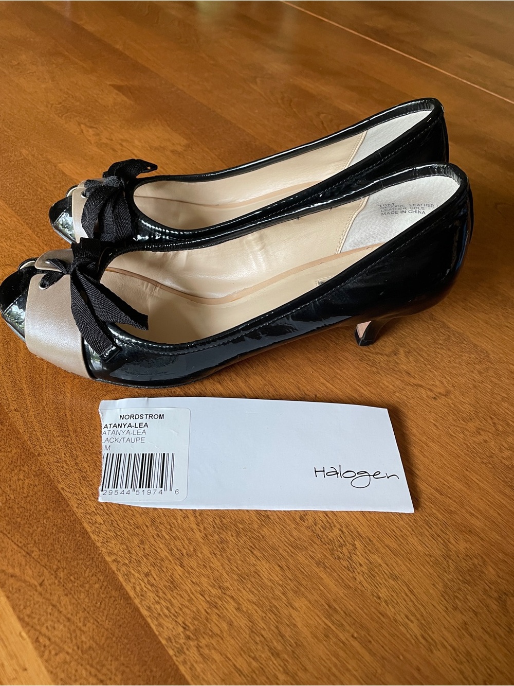 Halogen Black and Taupe Patent Leather Bow Peep-Toe Pumps